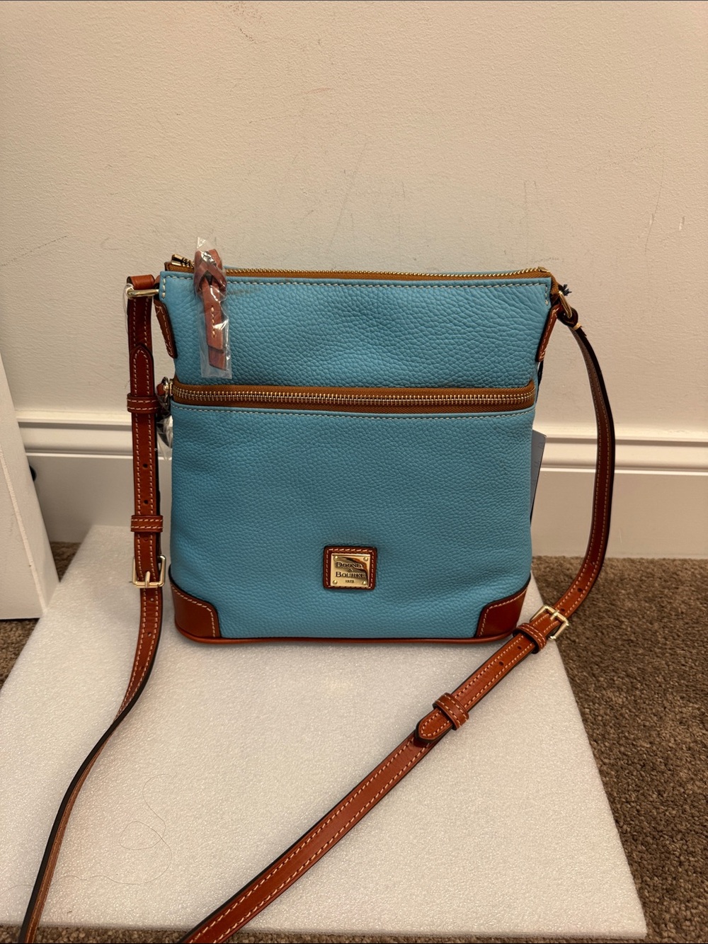 Dooney & Bourke Sky Blue Pebble Leather Crossbody with Brown Trim NWT
